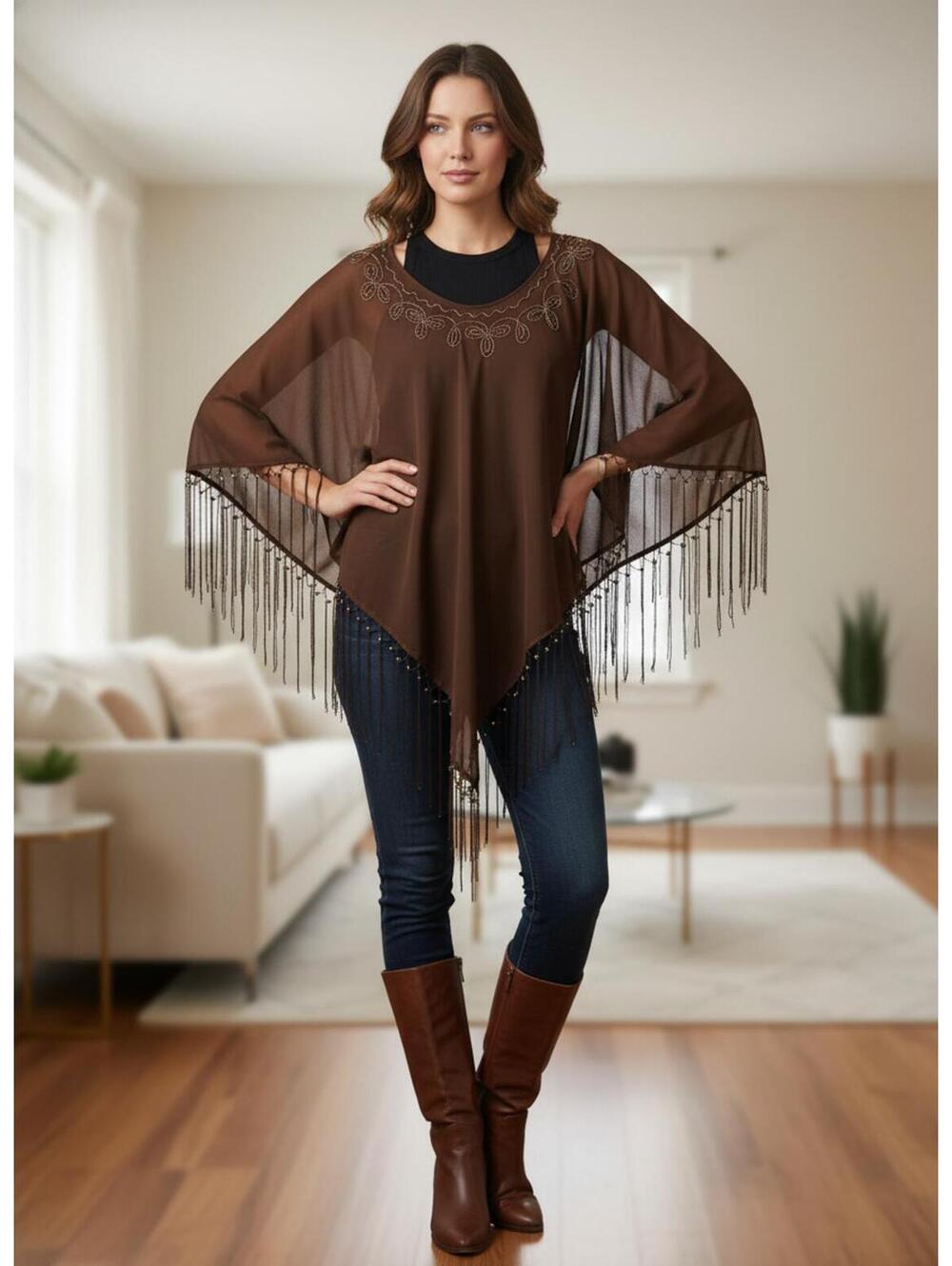 Zero Zero Woman brown Sheer Poncho Top with Fringe